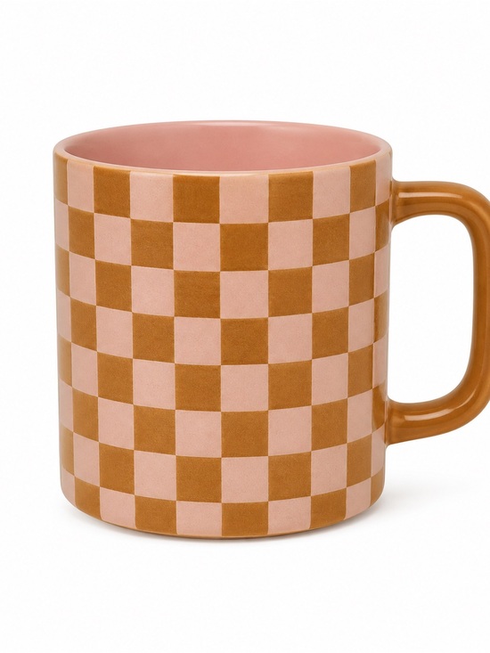 Mrkt Other - Pink and Brown Checkered Ceramic Mug Set - 3-Pack